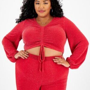 Embellished V-Neck Drawstring Crop Top - RED